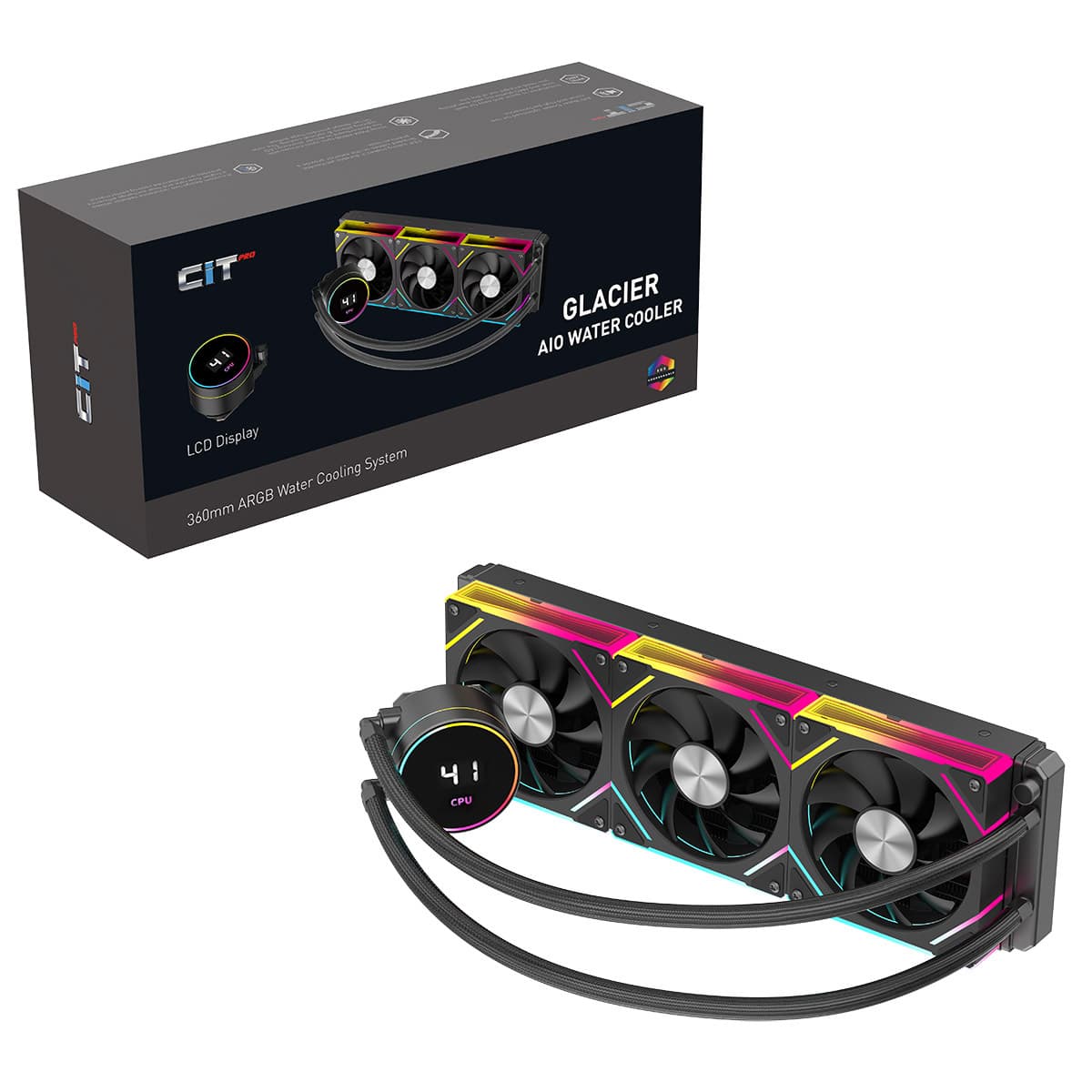 CiT Pro Glacier LCD 360mm AiO Liquid CPU Cooler in Black