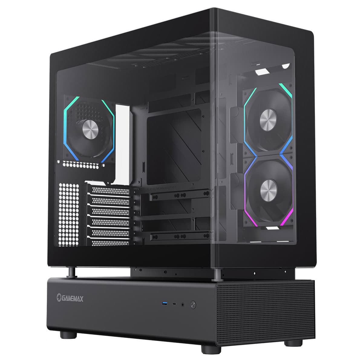 GameMax N80 Black ATX PC Gaming Case with 6 x 120mm PWM ARGB Fans and 10-Port Fan Hub Curved Tempered Glass Panel - CSGMXN80BLK