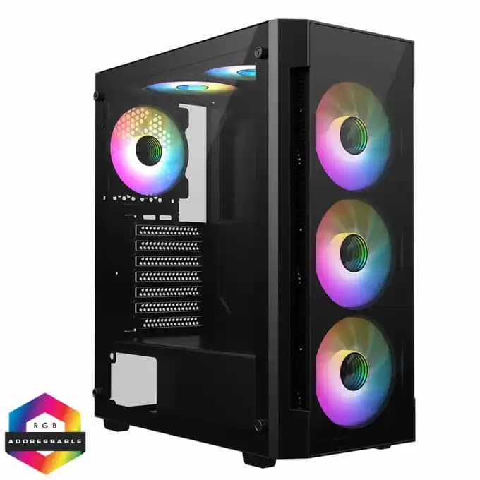 CiT Destroyer Black ATX Gaming Case with Tempered Glass Front and Side Panel with 6 x ARGB Fans and 6-Port MB Sync Hub - CSCITDESTROYERBLK