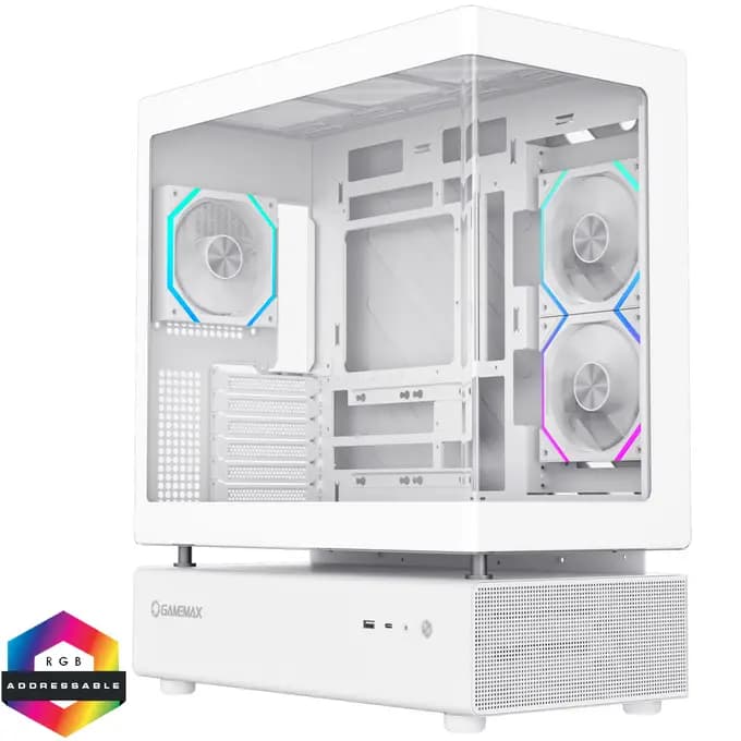GameMax N80 White ATX PC Gaming Case with 6 x 120mm PWM ARGB Fans and 10-Port Fan Hub Curved Tempered Glass Panel - CSGMXN80WHT
