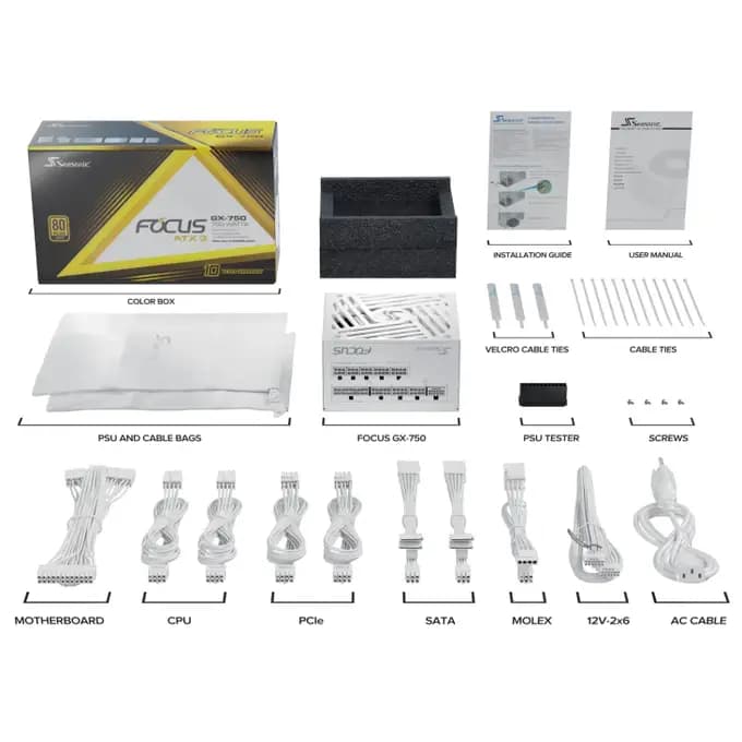 Seasonic Focus GX-750 750w ATX 3.1 80 Gold Modular Power Supply - White - FOCUS-GX-750-V4-WHITE