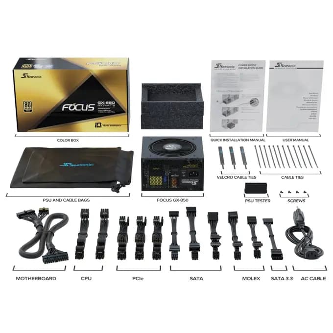 Seasonic Focus GX-850 850w ATX 3.1 80 Gold Modular Power Supply - Black - FOCUS-GX-850-V4