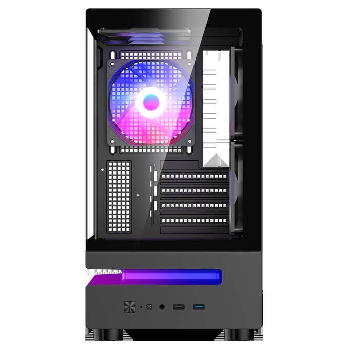 CiT Cyclops Micro-ATX Gaming Case - Panoramic Tempered Glass, Built-In ARGB Strip, 6 x ARGB Fans - Black