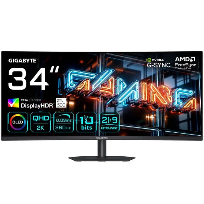 GIGABYTE MO34WQC36 OLED 34” 2K QHD 360Hz 0.03ms FreeSync/G-SYNC Curved Ultrawide Gaming Monitor